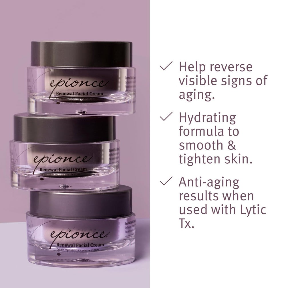 Epionce Renewal Facial Cream ingredient label highlighting soothing, repairing actives