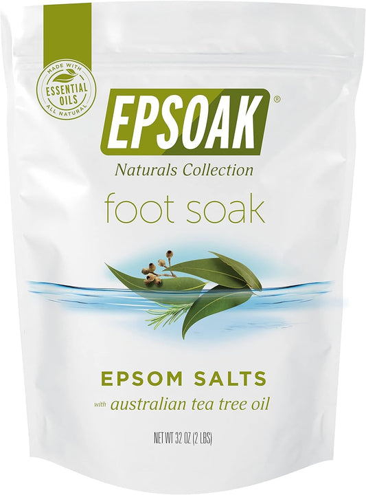 Epsoak front bag showing product branding and tea tree foot soak benefits