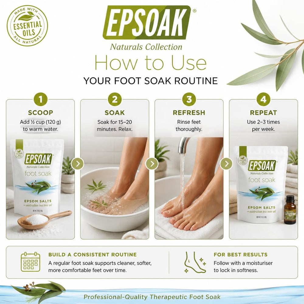 Bottles of essential oils with Epsoak salts showing aromatic blend benefit