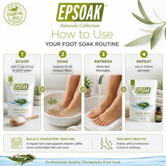Bottles of essential oils with Epsoak salts showing aromatic blend benefit