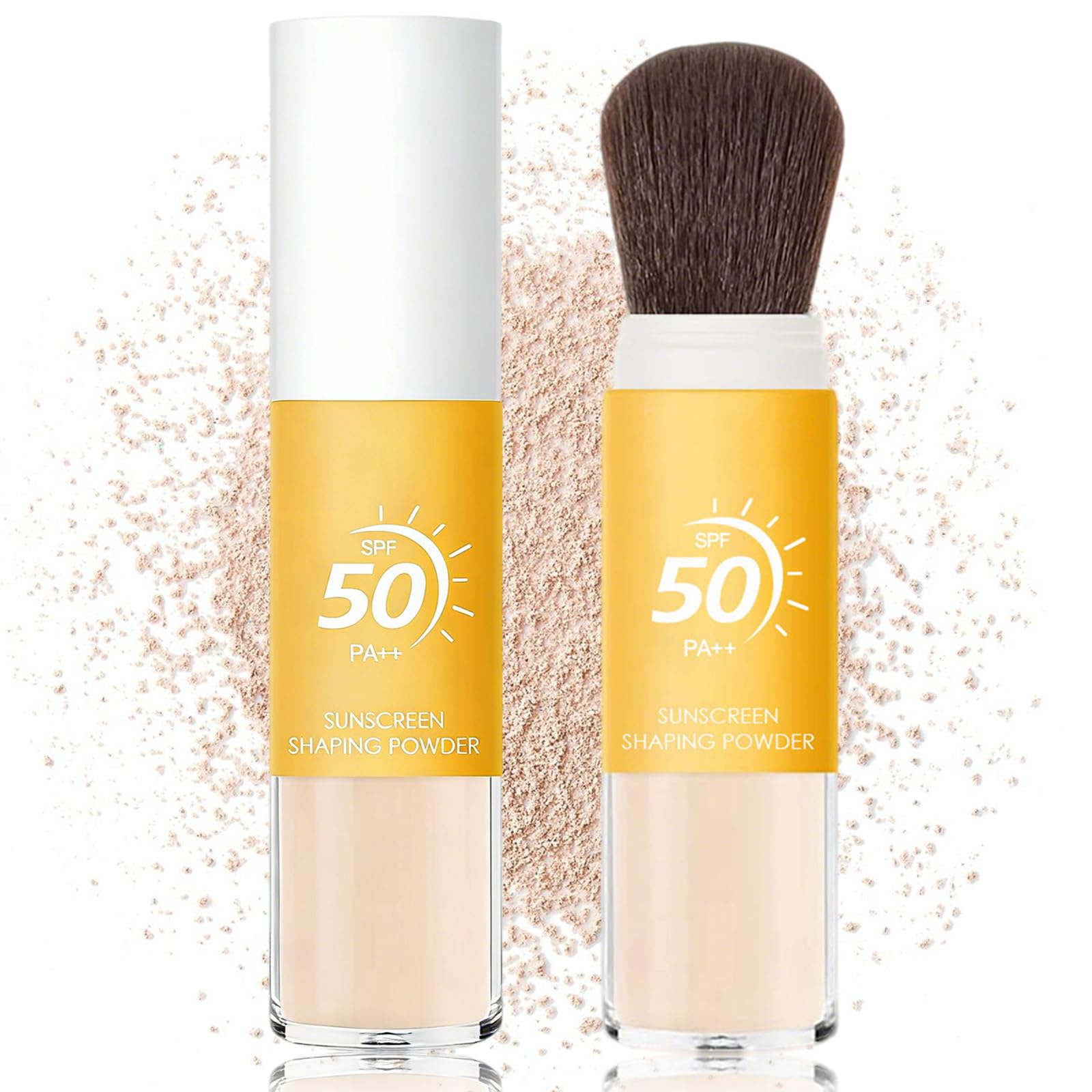 Eqimznv front packaging showing compact SPF 50 powder and brush for travel convenience