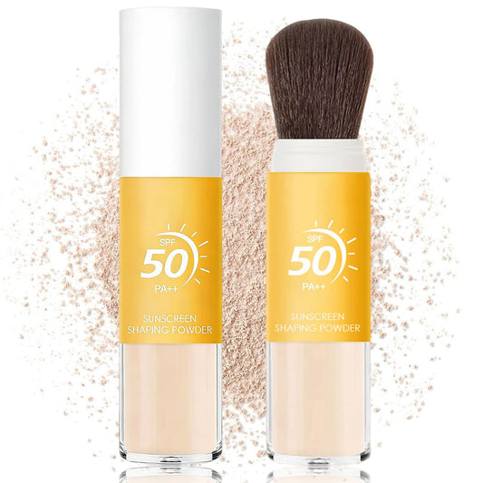 Eqimznv front packaging showing compact SPF 50 powder and brush for travel convenience