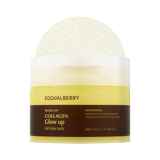 EQQUALBERRY front packaging showing collagen glow up pads and benefits