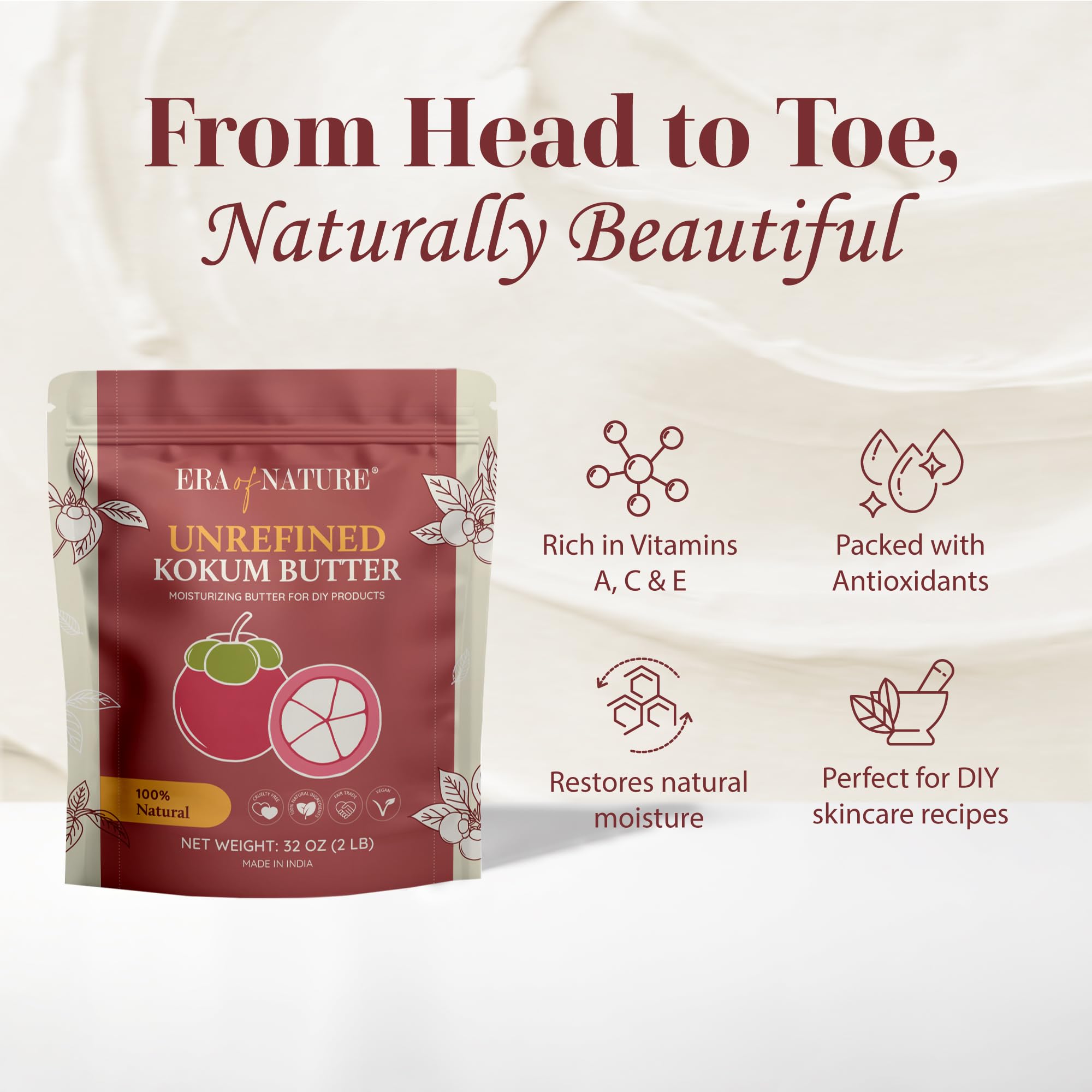 era of nature kokum butter block texture close-up highlighting firm, scoopable consistency