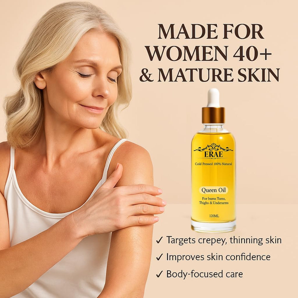 ERAE applying oil to leg to show smooth, hydrated skin benefit