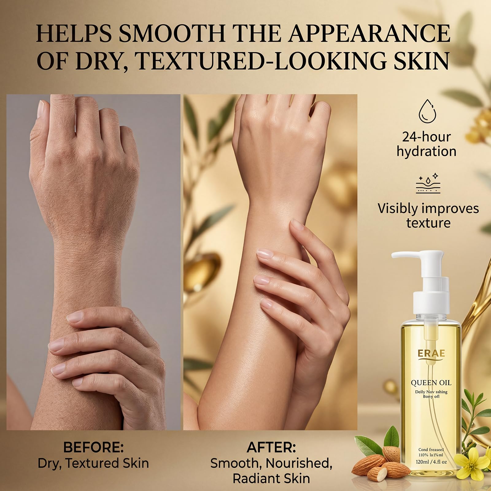 ERAE oil texture close-up pouring, illustrating fast-absorbing silky finish benefit