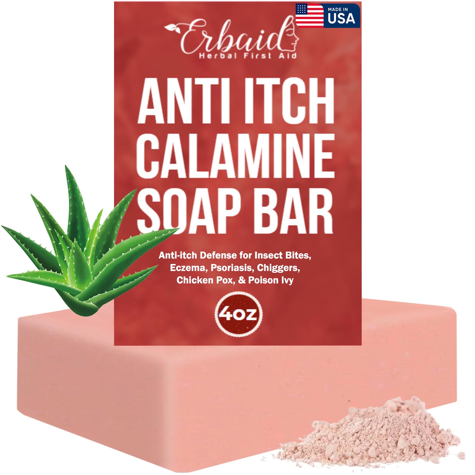 Erbaid calamine soap front bar showing smooth texture and calming benefit