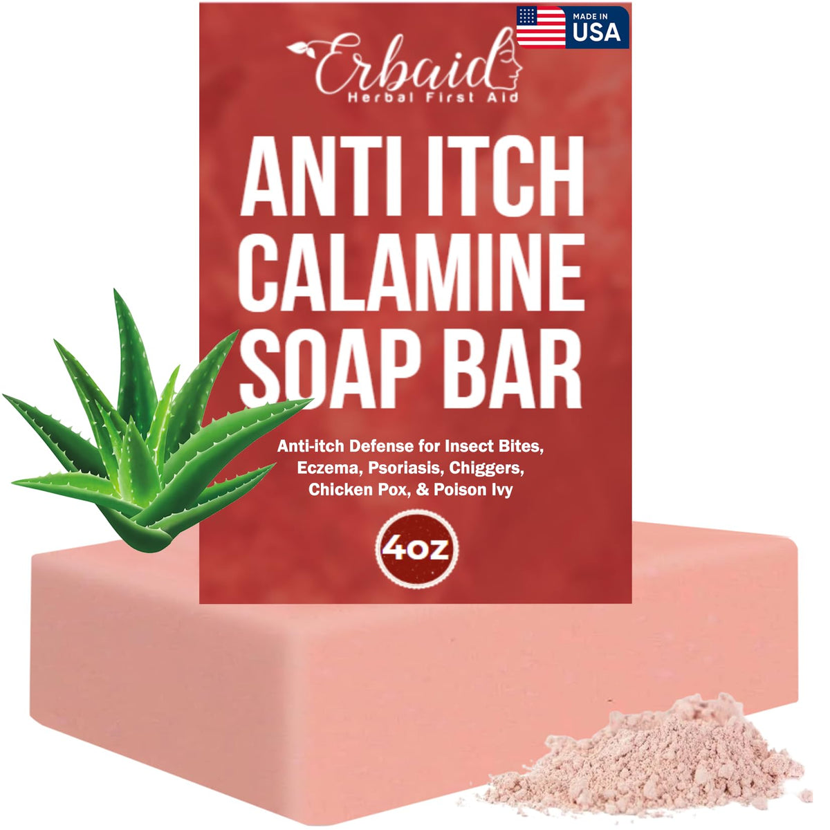 Erbaid calamine soap front bar showing smooth texture and calming benefit