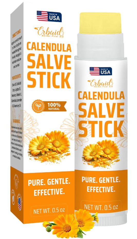 Erbaid calendula stick front packaging showing product and branding for easy identification and travel convenience