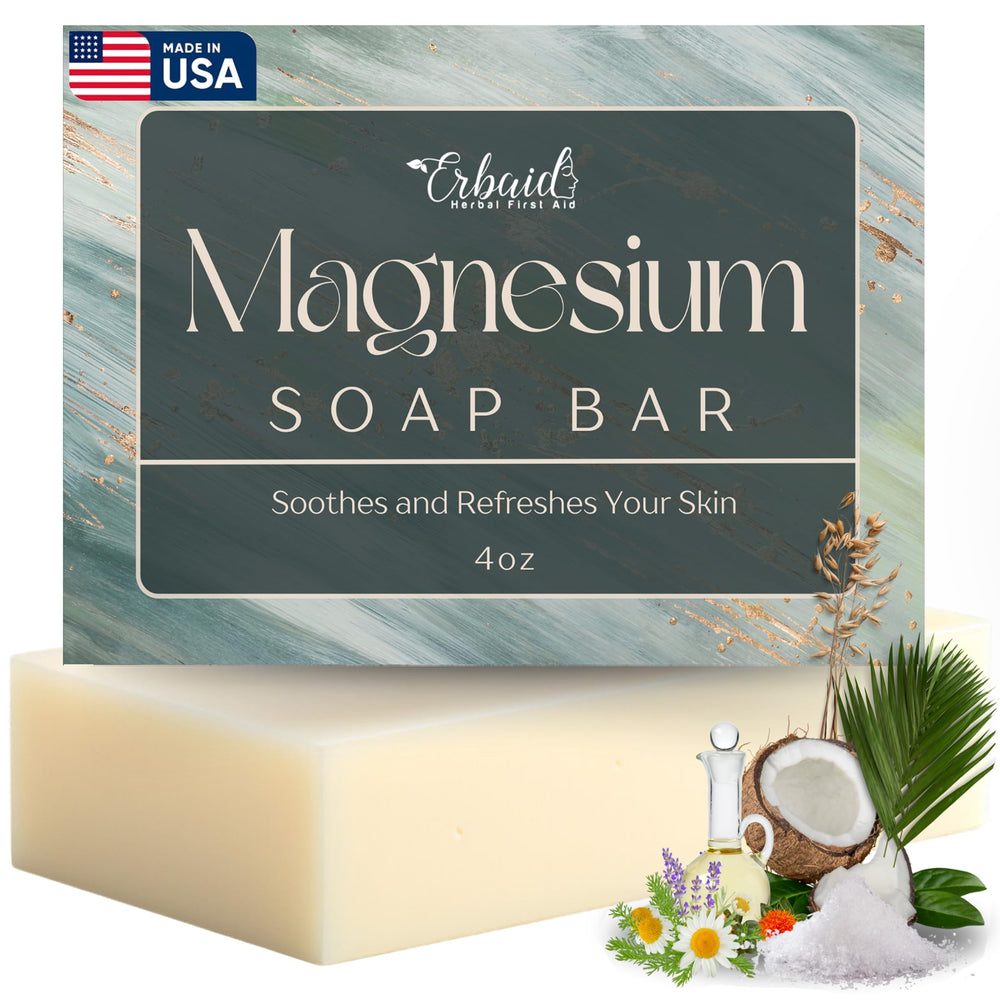 Erbaid Dead Sea magnesium soap front packaging shows benefits and tranquility