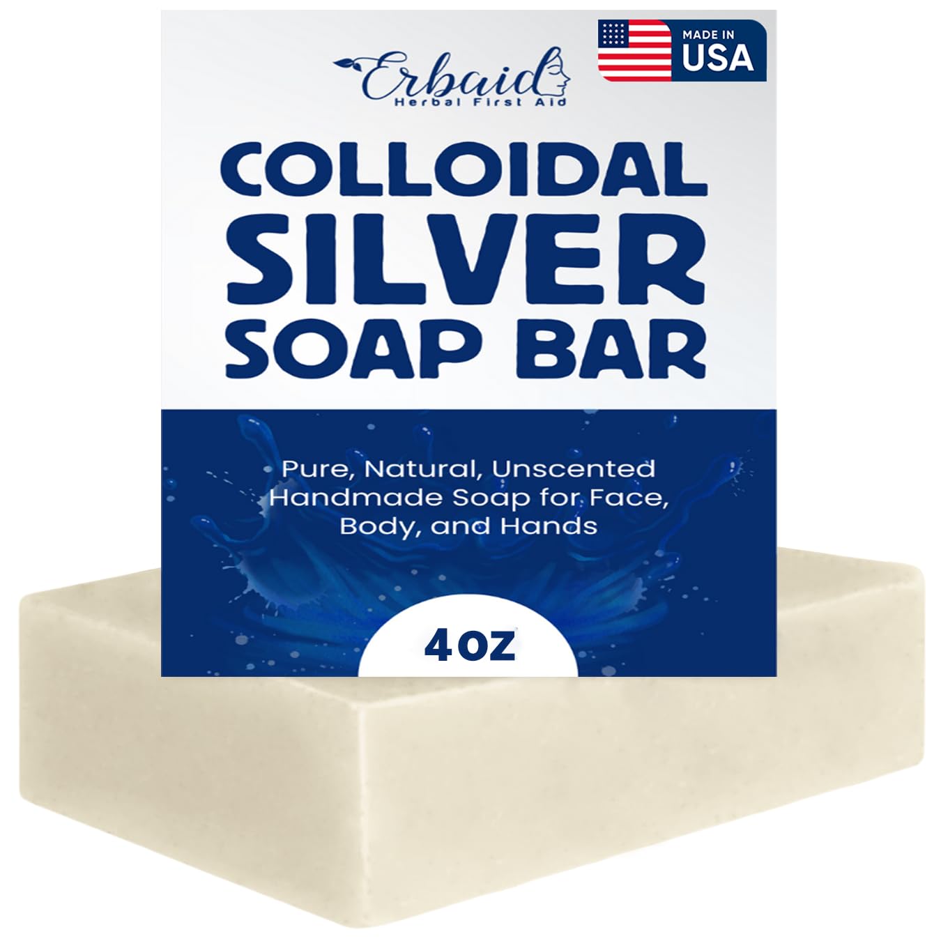 Erbaid colloidal silver soap front packaging showing clean label and benefits