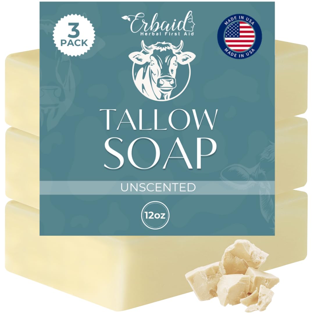 Erbaid front packaging showing unscented tallow soap, gentle cleansing benefit