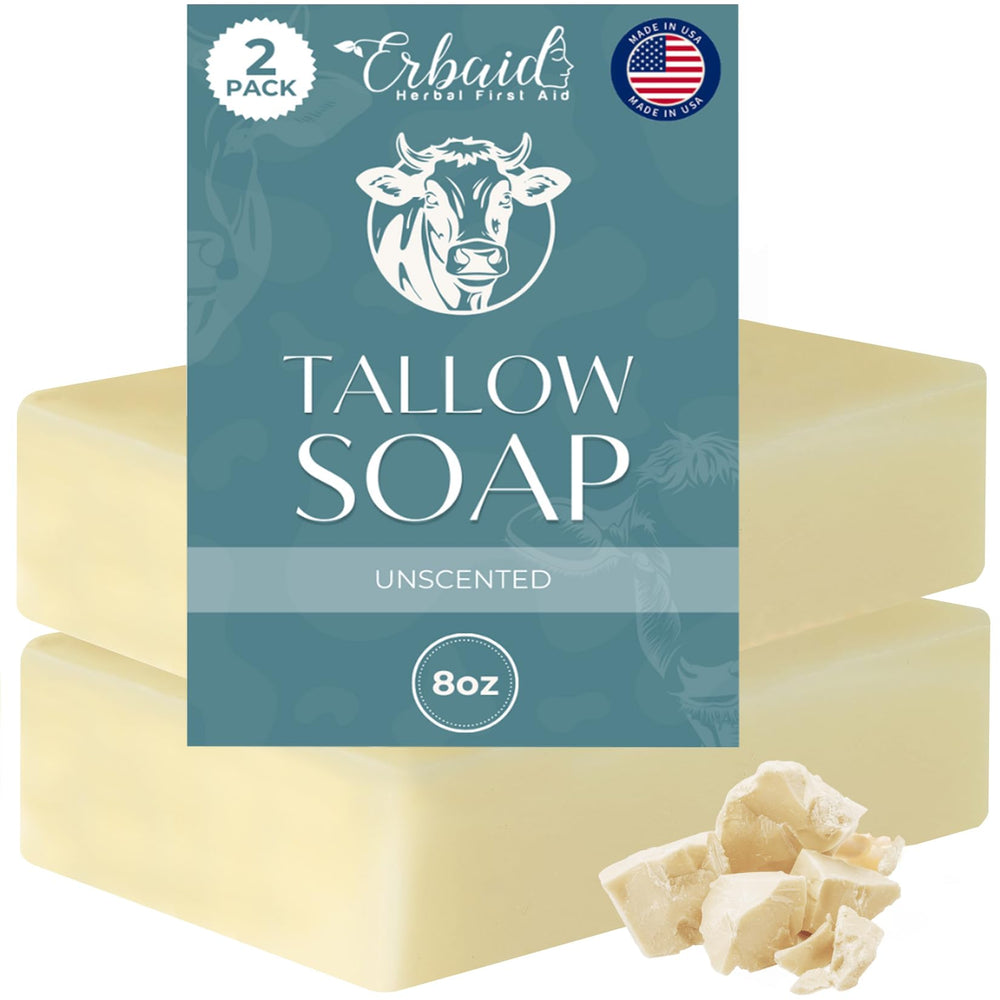 Erbaid front packaging showing unscented grass-fed tallow bar and simple label benefit