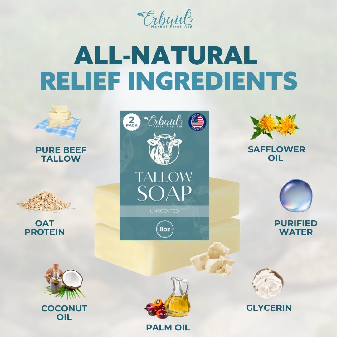 Erbaid label closeup listing grass-fed tallow and natural ingredients for transparency