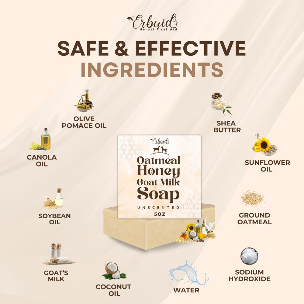 Erbaid displayed ingredients oatmeal honey and goat milk showing natural source benefits