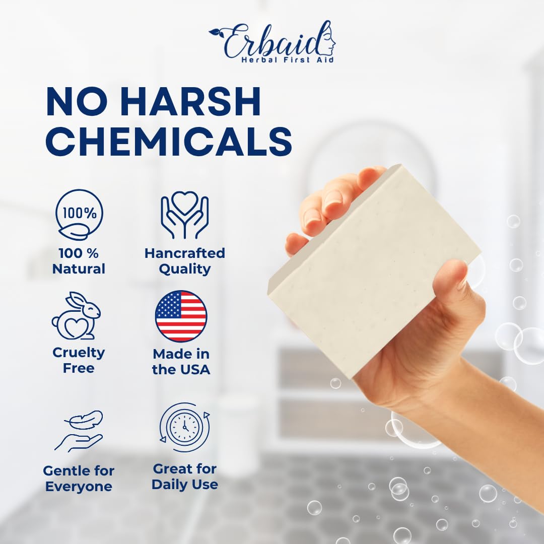 Erbaid soap next to ruler showing 4oz size and easy travel-friendly scale