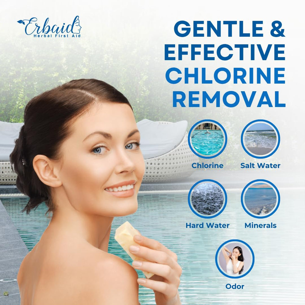 Erbaid bottle in hand after swim showing easy application and rinse-off