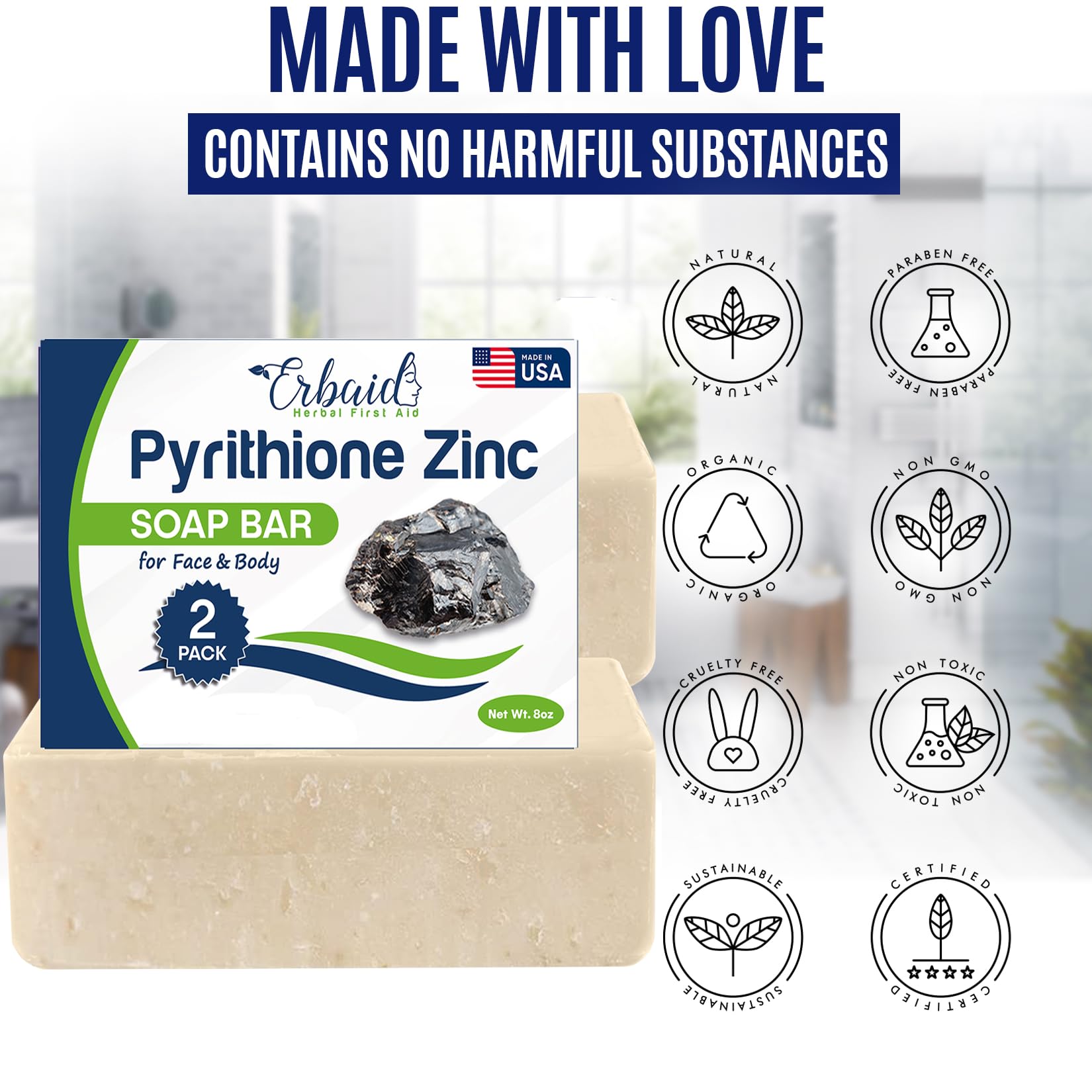 erbaid zinc soap bar on dish with packaging showing travel-ready convenience