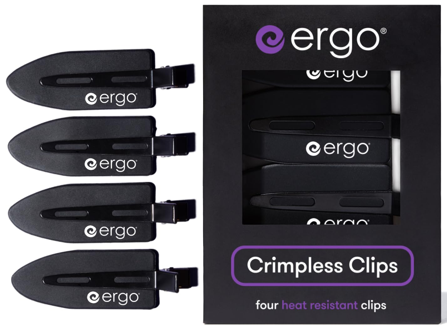 ergo front packaging showing four no-crease clips and professional finish