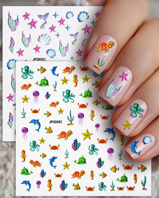ERSHIXUN front packaging showing colorful mermaid and ocean sticker set benefit easy selection
