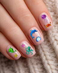ERSHIXUN stickers applied on polished nails showing finished look for beach-ready manicure
