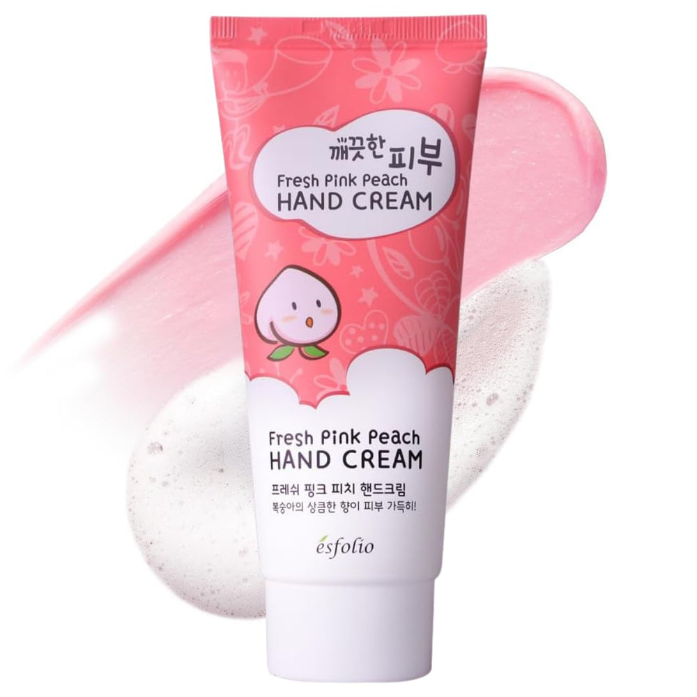esfolio front tube view showing peach-scented hand cream, fast hydration