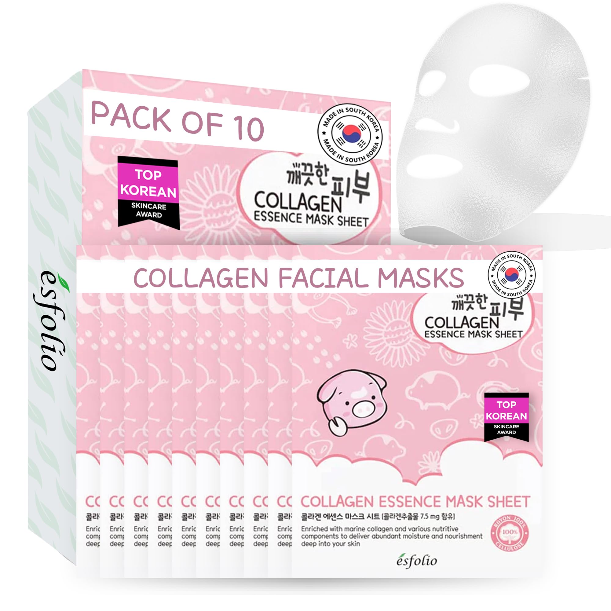 esfolio front packaging showing ten sheet masks and clear product benefits