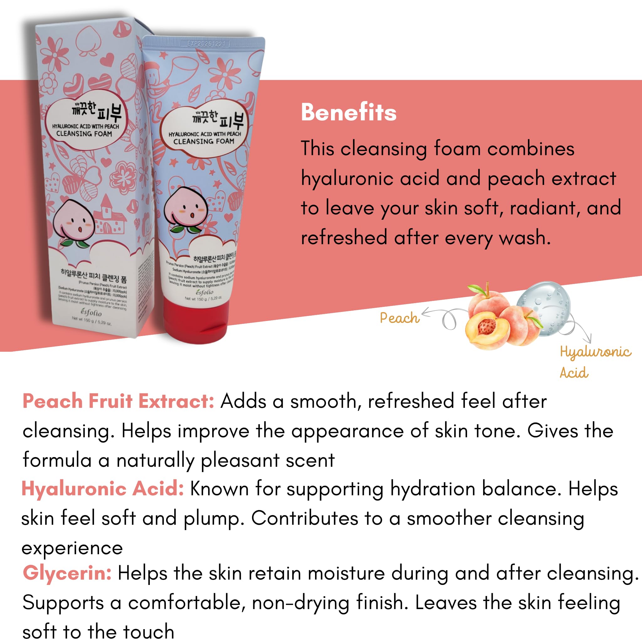 esfolio ingredient label detail showcasing hyaluronic acid and peach extract benefits
