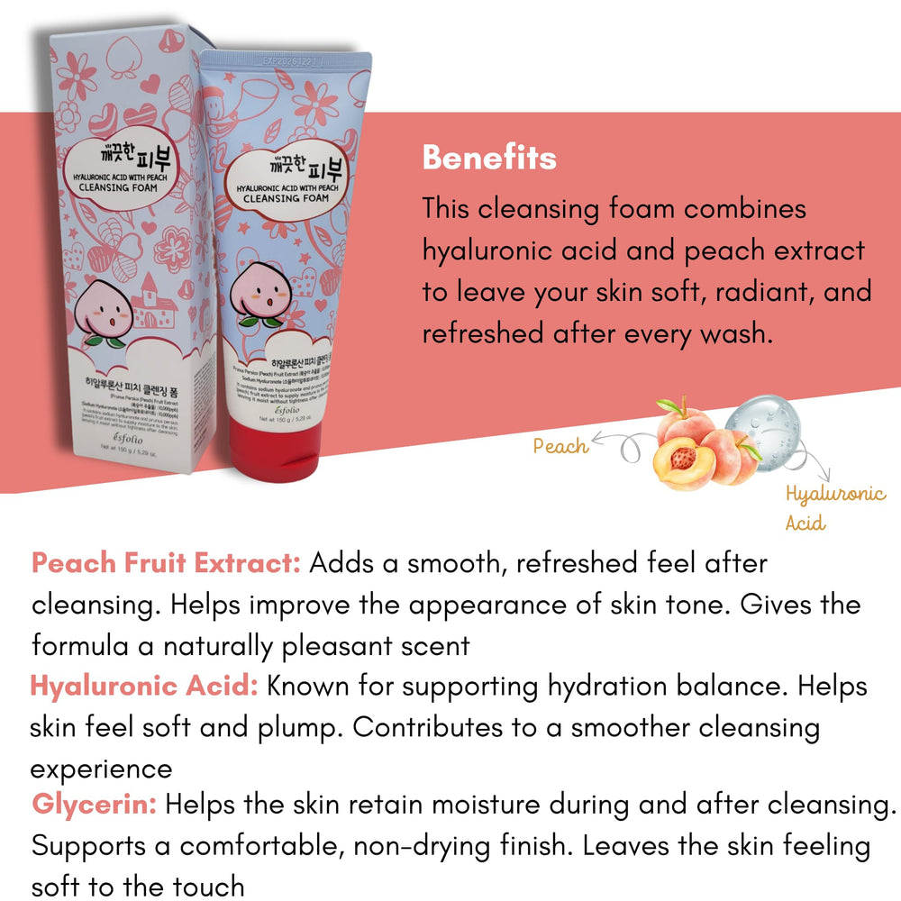 esfolio ingredient label detail showcasing hyaluronic acid and peach extract benefits