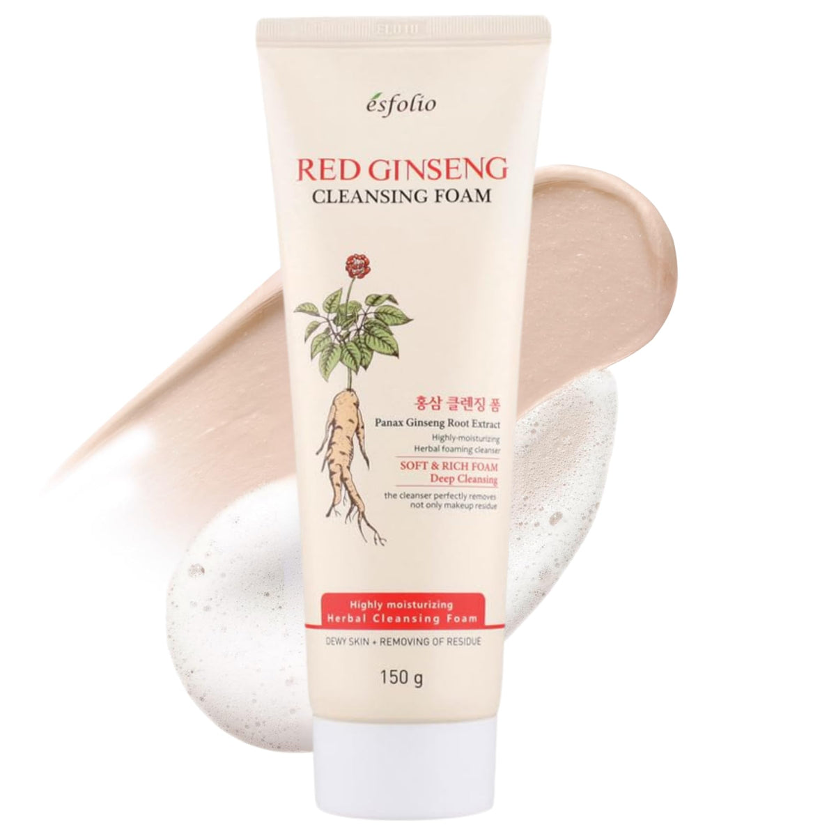 esfolio front tube of red ginseng cleansing foam showing packaging and volume, perfect for travel