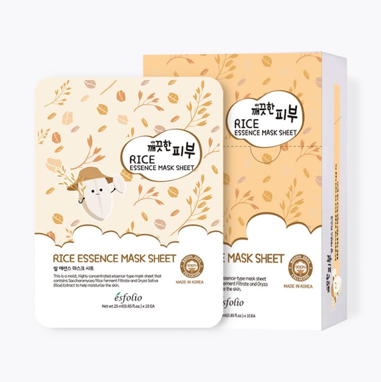 esfolio sheet mask front packaging showing rice extract benefits