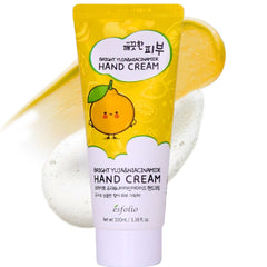 esfolio yuja hand cream front tube showing product and citrus design for quick hydration