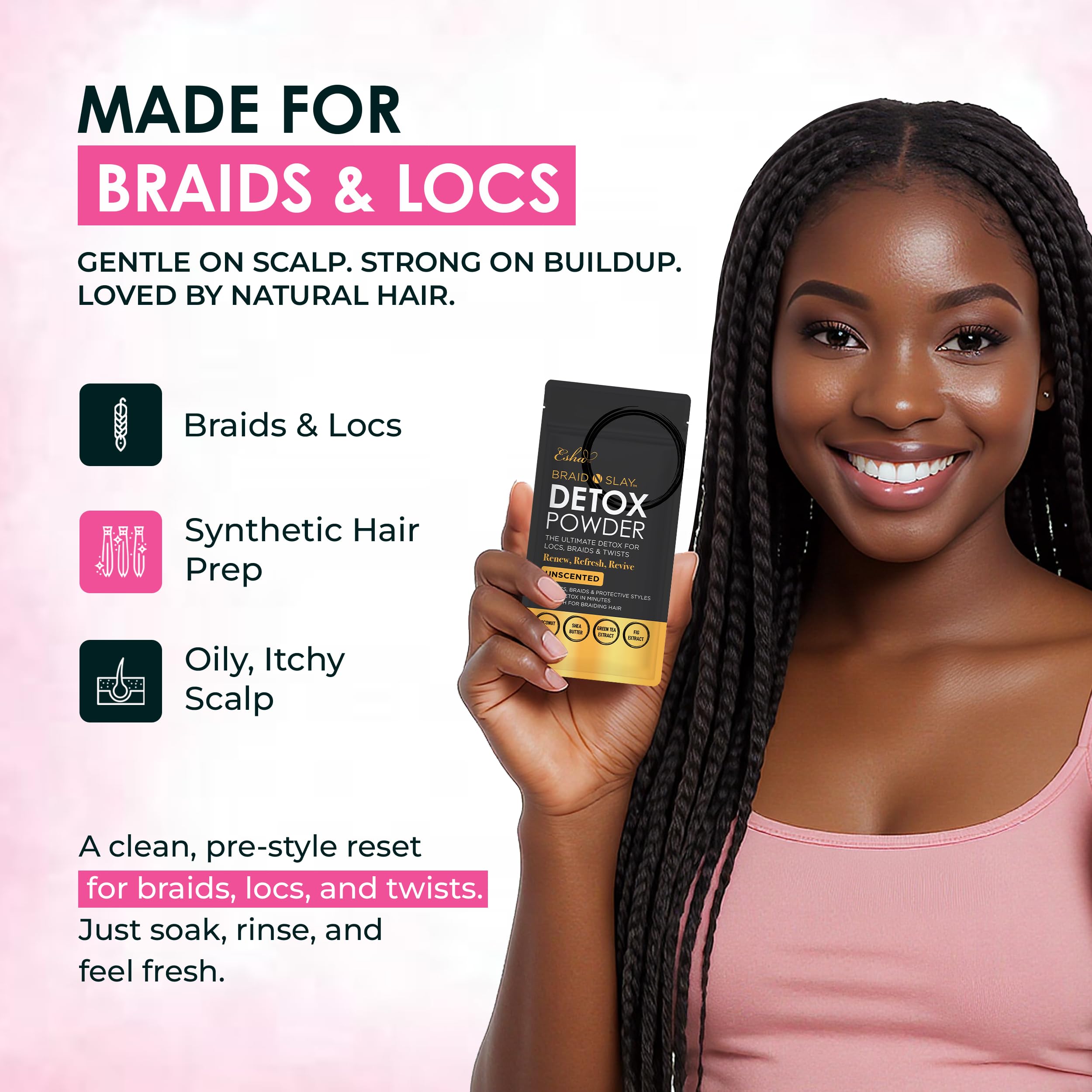 Esha pre-soaking synthetic hair to remove factory coatings and reduce itch
