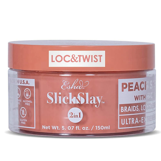 Esha jar front view showing peach-scented braiding gel and strong hold