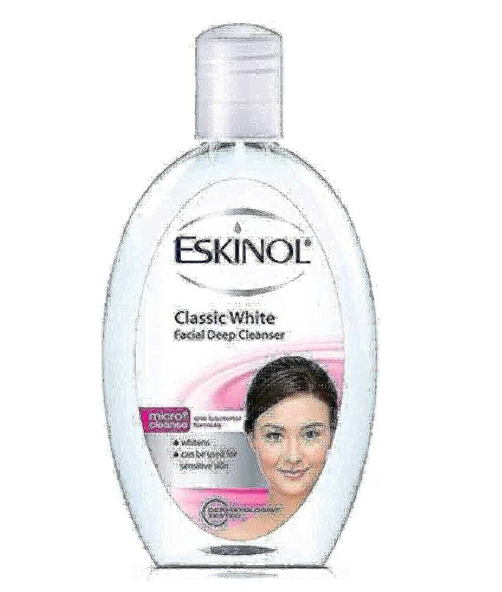 Eskinol front packaging showing 225mL bottle and clear label, easy identification benefit