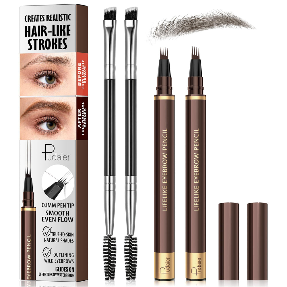 Espoce front packaging showing two ash brown pens and brushes for convenience