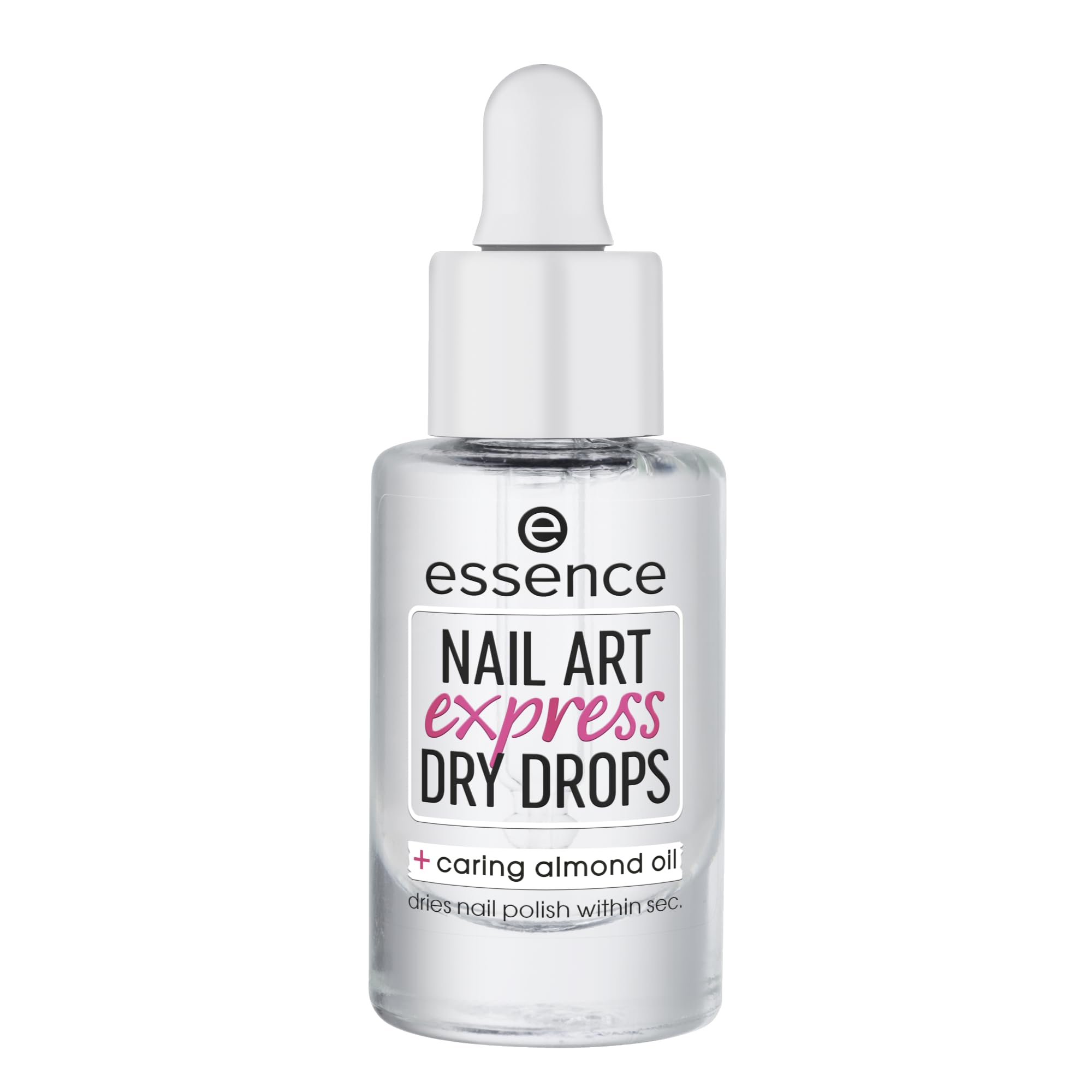 Essence Cosmetics product front packaging showing clear bottle and label, fast application benefit