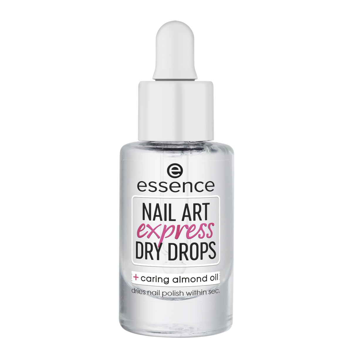 Essence Cosmetics product front packaging showing clear bottle and label, fast application benefit