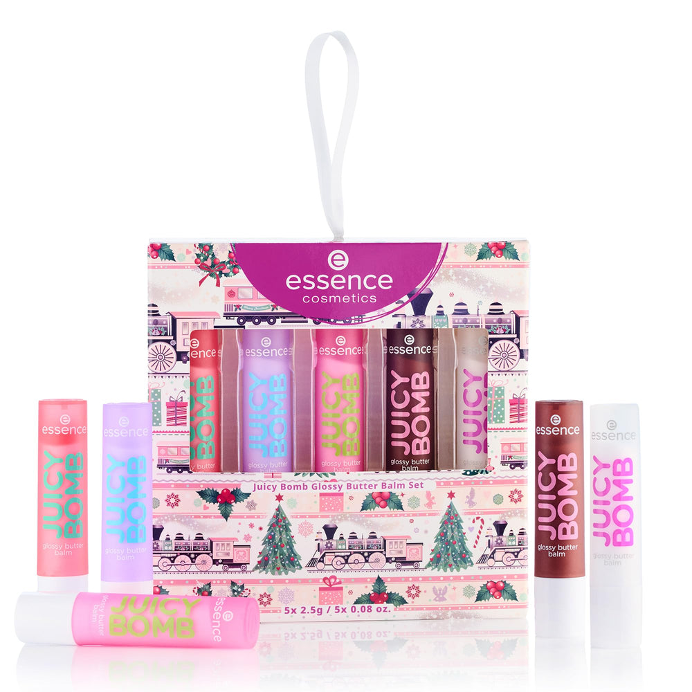 essence five Juicy Butter Balms lined up displaying each shade, color variety