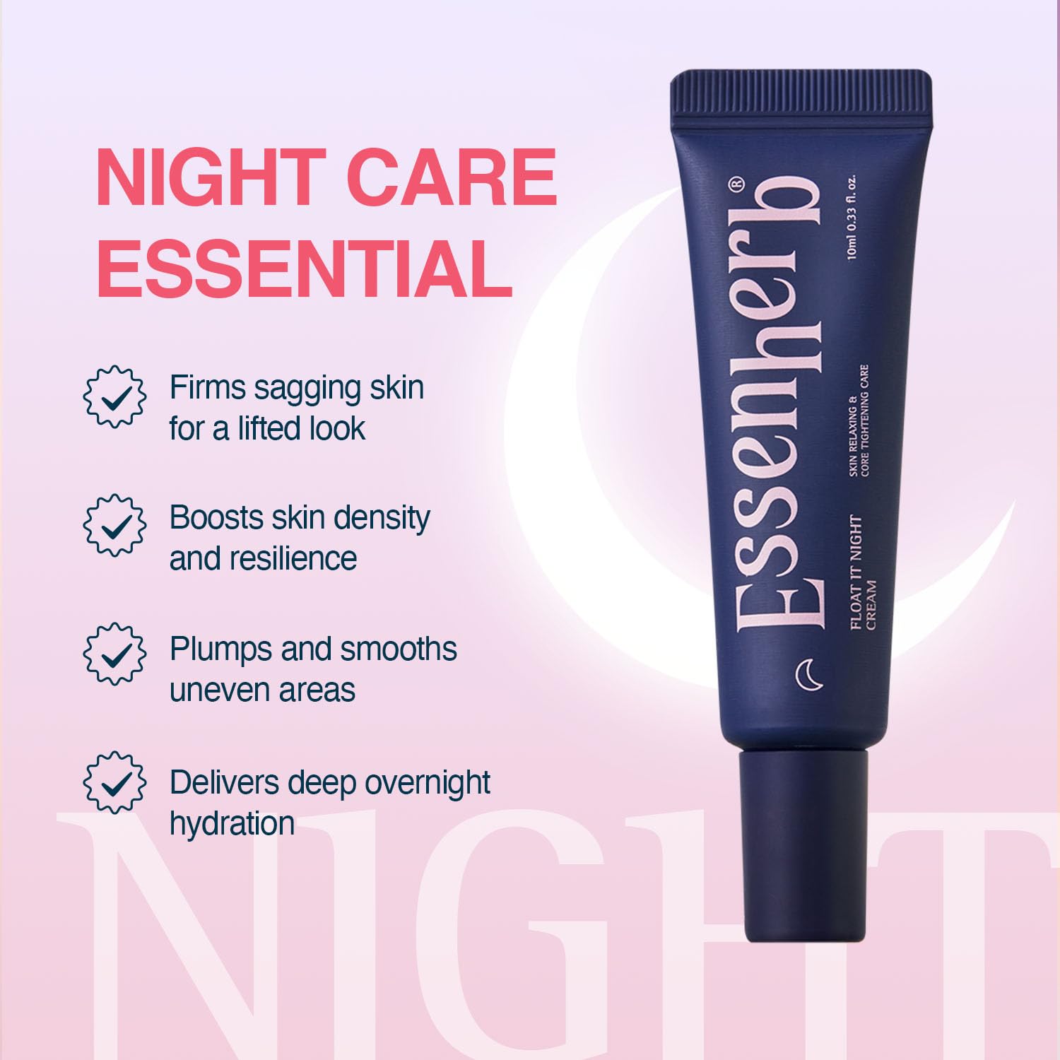 ESSENHERB Float It Night Cream applied at night in bedroom setting showing overnight repair benefit