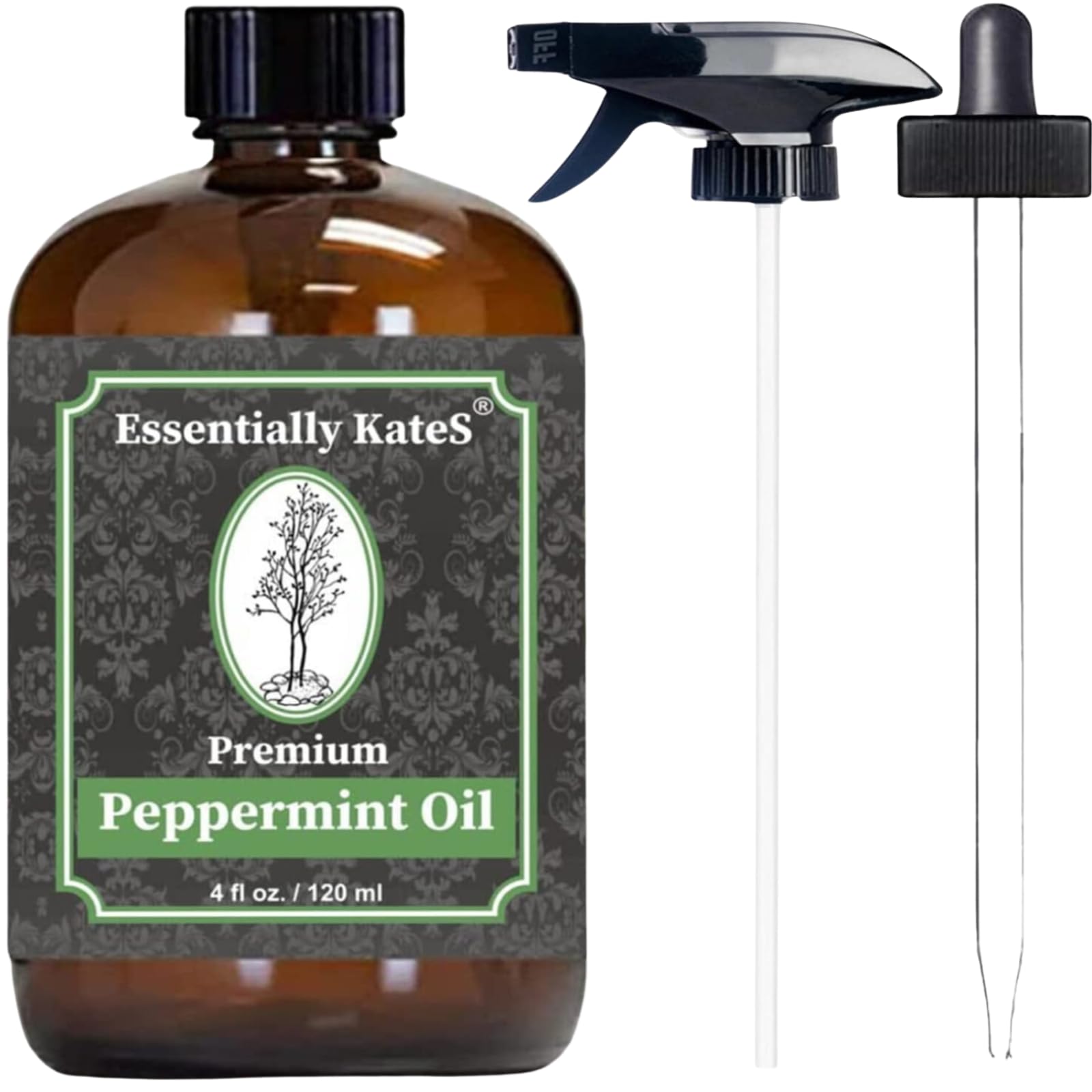 Essentially KateS bottle front showing 4 oz peppermint oil and clear label for easy identification