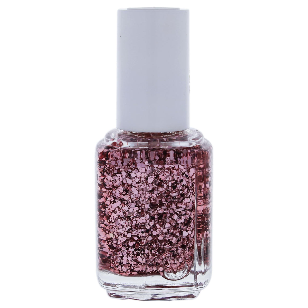 essie bottle front view showing glossy pink glitter polish and label, salon-quality finish