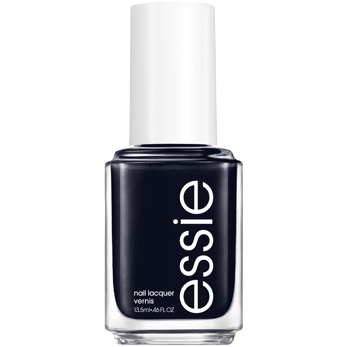 essie bottle front view showing blue-black gloss and salon look