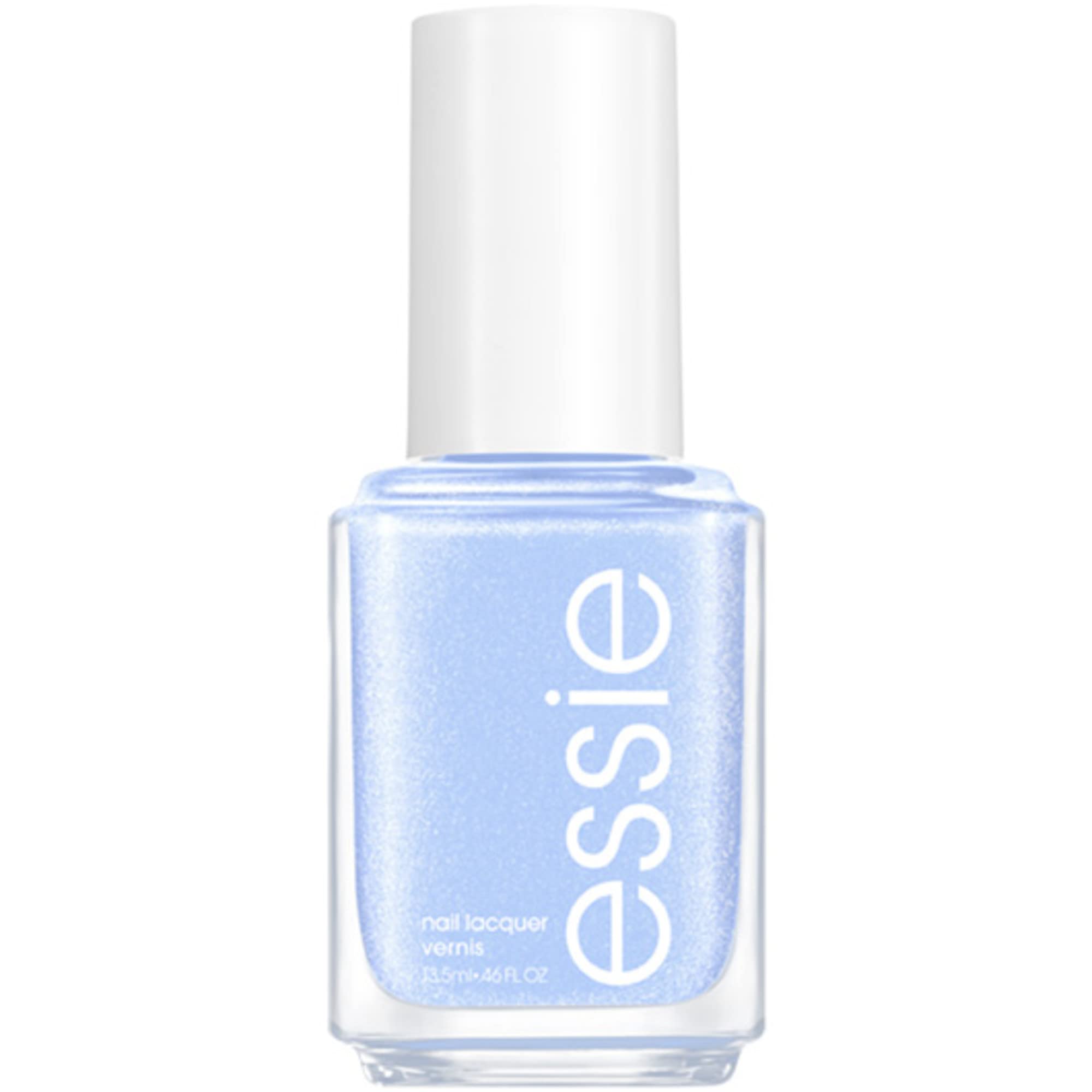 essie bottle front view showing glossy sparkling blue shade and salon finish