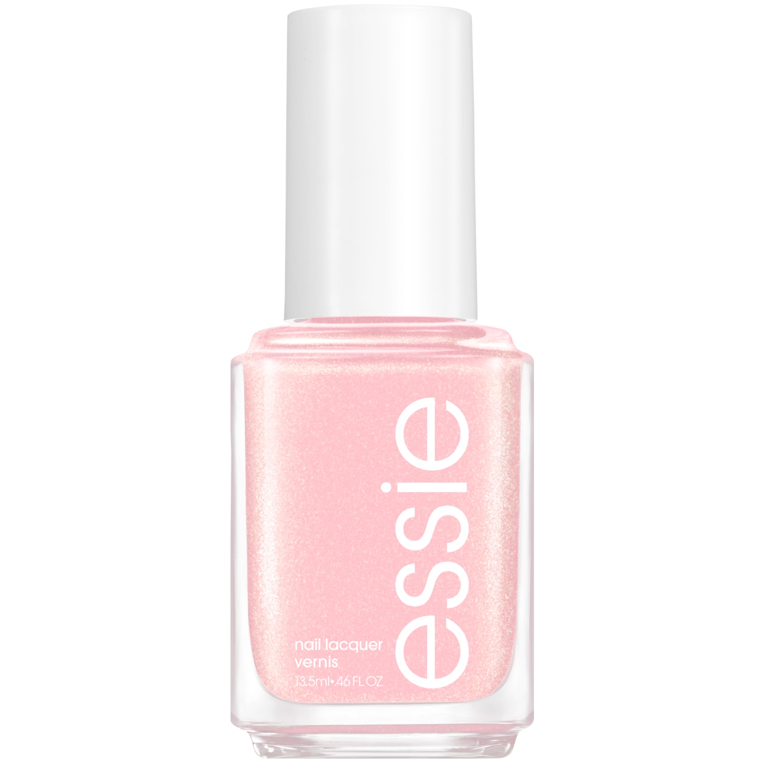 essie bottle front view showing iridescent pink shade and glossy finish