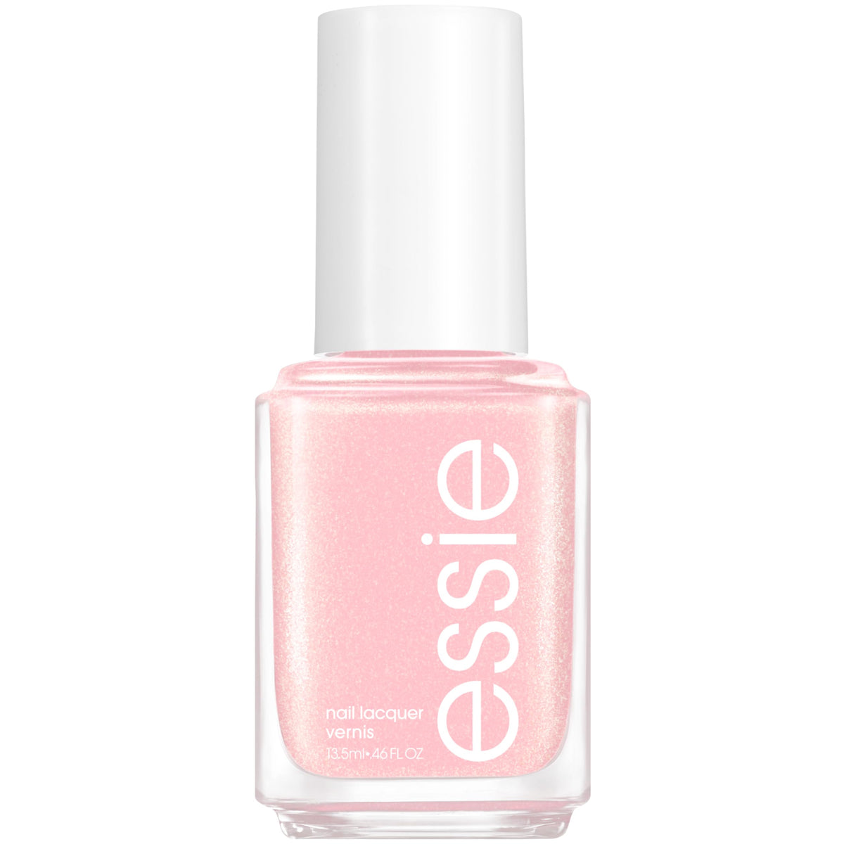 essie bottle front view showing iridescent pink shade and glossy finish