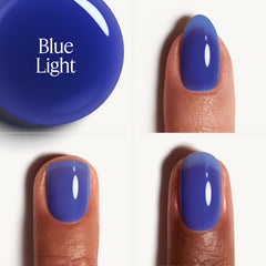 essie close-up of painted nail with blue glassy finish and reflective depth