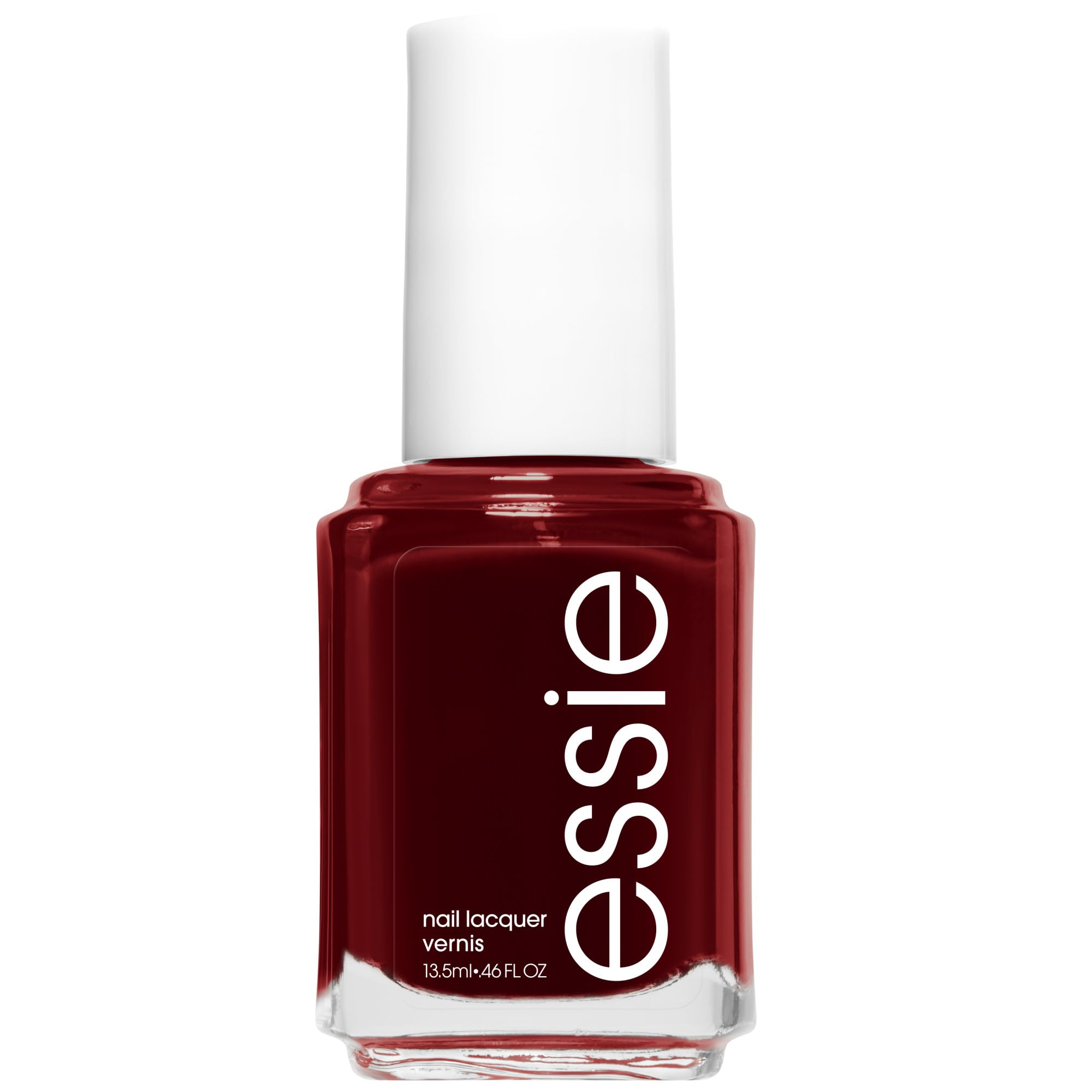 essie bottle front view showing deep red color and brand clarity