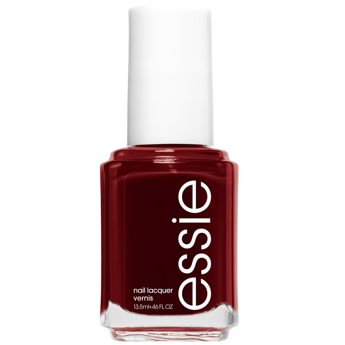 essie bottle front view showing deep red color and brand clarity