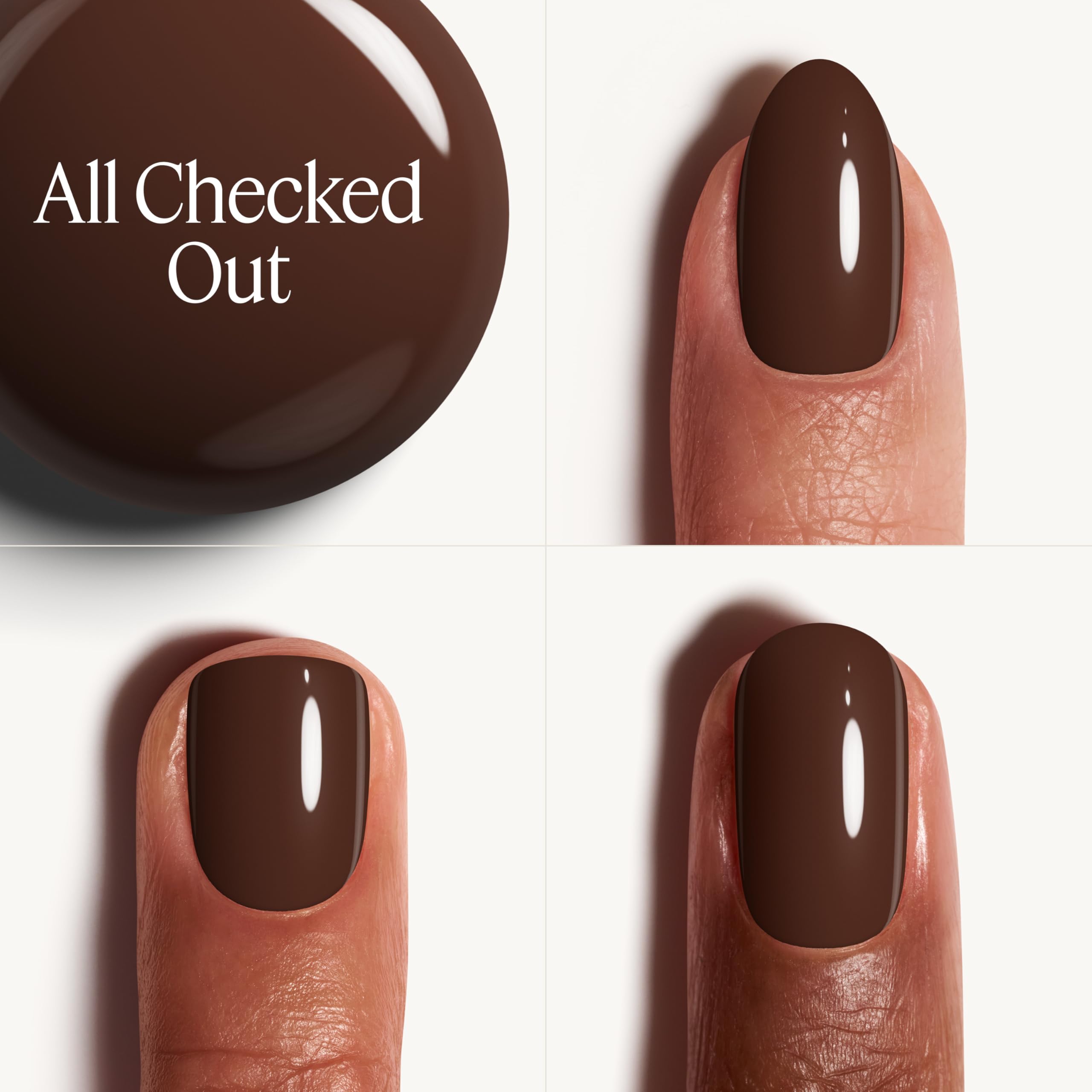 essie bottle close-up revealing raisin brown tone with purple-blue undertones for rich color payoff